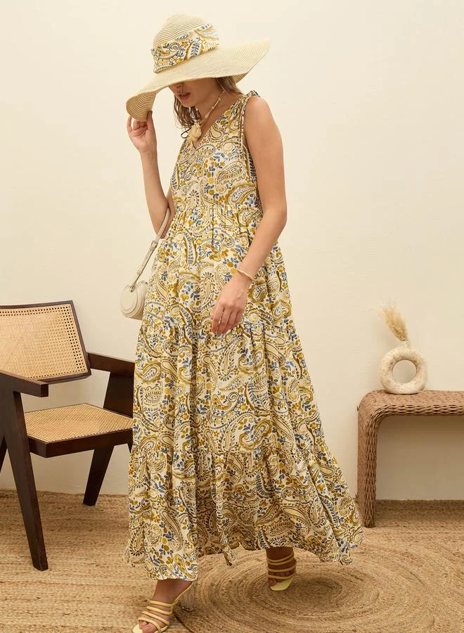 ساسافراس Sassafras Beige Paisley Print V Neck Tiered Maxi Dress