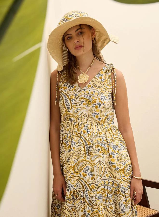 ساسافراس Sassafras Beige Paisley Print V Neck Tiered Maxi Dress
