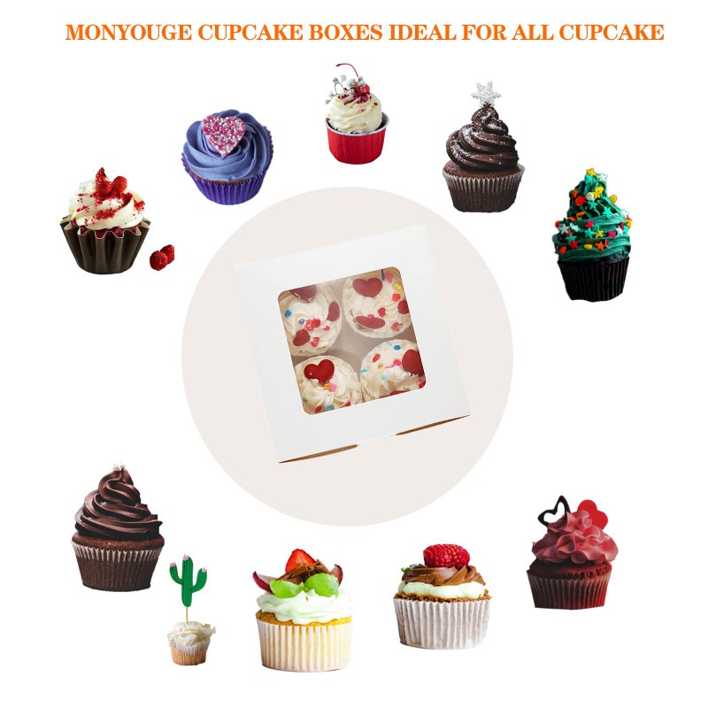 MonYouGe 30-Set Cupcake Boxes Bulk with Clear Display Window Hold 4 Standard Cupcakes, Disposable Food Grade White Cupcake Carrier Cupcake Container, Perfect for Cupcakes Muffins Cookies Pastries - Image 3