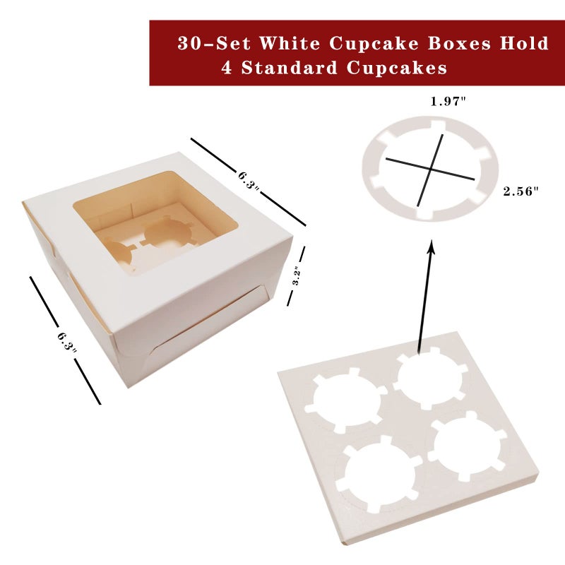 MonYouGe 30-Set Cupcake Boxes Bulk with Clear Display Window Hold 4 Standard Cupcakes, Disposable Food Grade White Cupcake Carrier Cupcake Container, Perfect for Cupcakes Muffins Cookies Pastries - Image 2