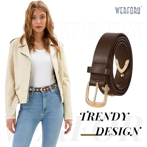 WERFORU Women Fashion Leather Belt Studded Leather Belt Ladies Belts for Jeans Dress Punk Belt,Coffee,25"-30" Waist Adjustable- - Image 2