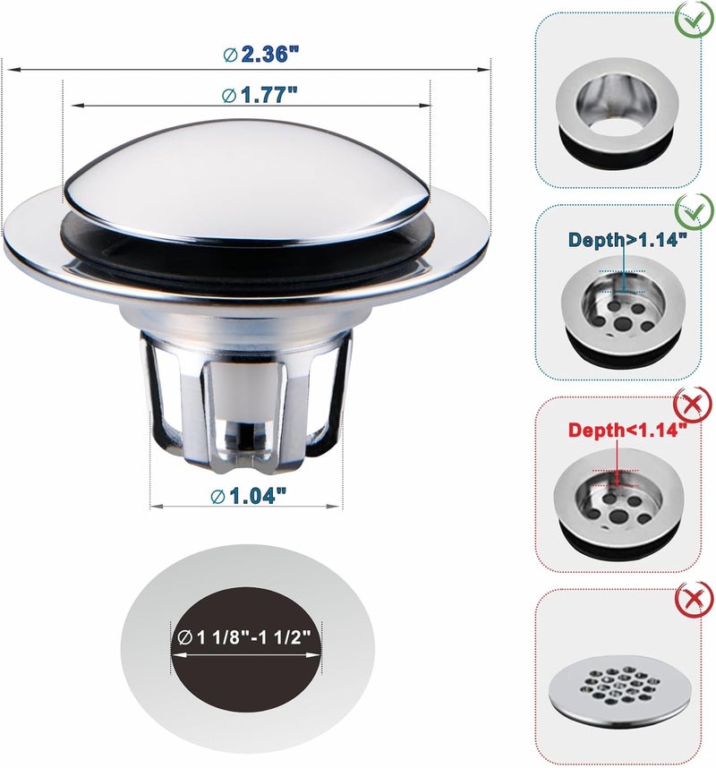 WELSAN Chrome Bathroom Sink Drain Stopper, Universal Pop-Up Drain Stopper Plug Strainer with Hair Catcher for 1 1/8"-1 1/2" Drain Hole,Anti-Clogging Filter Chrome Plated - Image 2