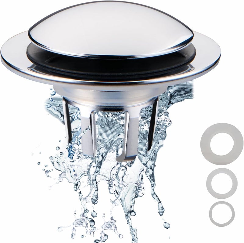 WELSAN Chrome Bathroom Sink Drain Stopper, Universal Pop-Up Drain Stopper Plug Strainer with Hair Catcher for 1 1/8"-1 1/2" Drain Hole,Anti-Clogging Filter Chrome Plated - Image 1