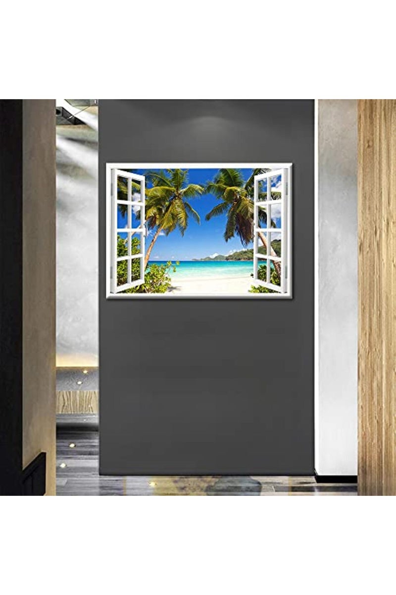 TISHIRON 3D Window Effect Canvas Art Wall Framed Modern Home Decor Beach Coconut Tree View Pictures for Home Living Room Dining Room Wall Decor Posters Prints Ready to Hang - 36" W x 24" H - Image 3