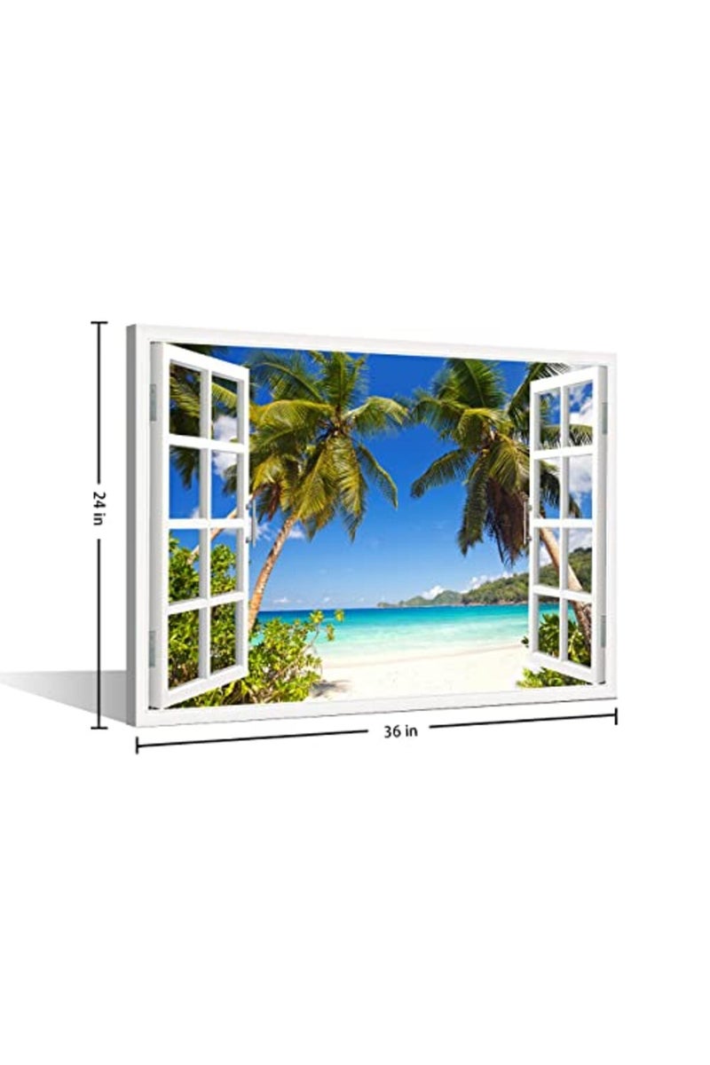 TISHIRON 3D Window Effect Canvas Art Wall Framed Modern Home Decor Beach Coconut Tree View Pictures for Home Living Room Dining Room Wall Decor Posters Prints Ready to Hang - 36" W x 24" H - Image 5