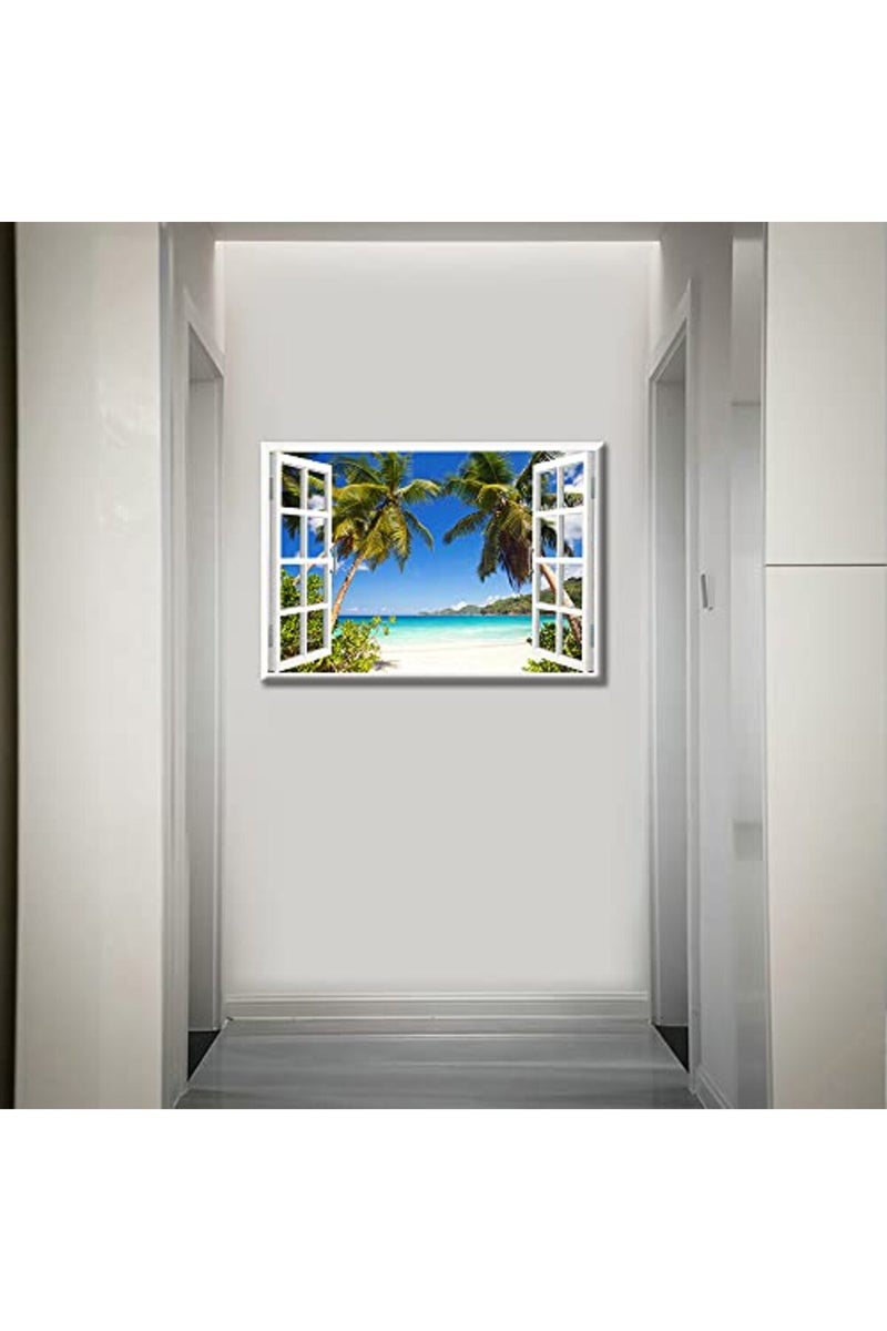 TISHIRON 3D Window Effect Canvas Art Wall Framed Modern Home Decor Beach Coconut Tree View Pictures for Home Living Room Dining Room Wall Decor Posters Prints Ready to Hang - 36" W x 24" H - Image 2
