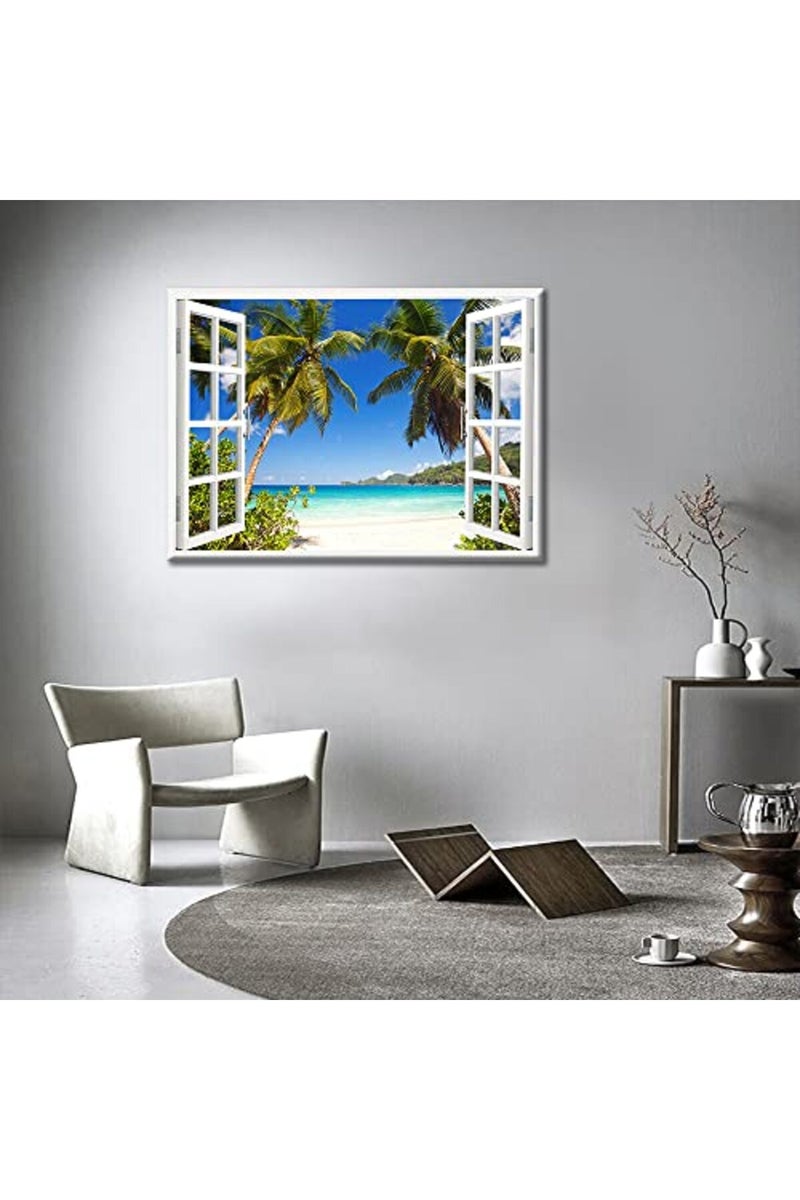 TISHIRON 3D Window Effect Canvas Art Wall Framed Modern Home Decor Beach Coconut Tree View Pictures for Home Living Room Dining Room Wall Decor Posters Prints Ready to Hang - 36" W x 24" H - Image 4