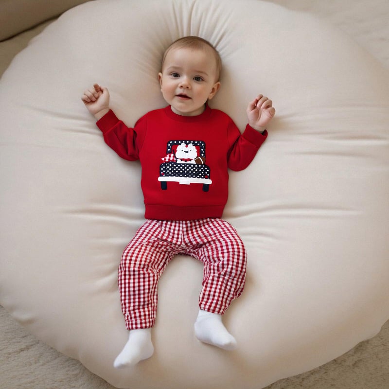 JLKGICF Toddler Baby Boy Clothes Set Car Embroidery Sweatshirt Tops Plaid Pants 6 12 18 24 Months 2T 3T4T Football Outfit (Red Car Football, 3-4T) - Image 5
