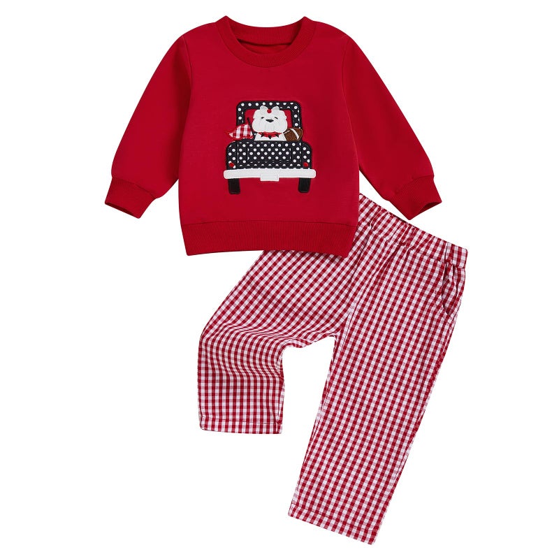 JLKGICF Toddler Baby Boy Clothes Set Car Embroidery Sweatshirt Tops Plaid Pants 6 12 18 24 Months 2T 3T4T Football Outfit (Red Car Football, 3-4T) - Image 1