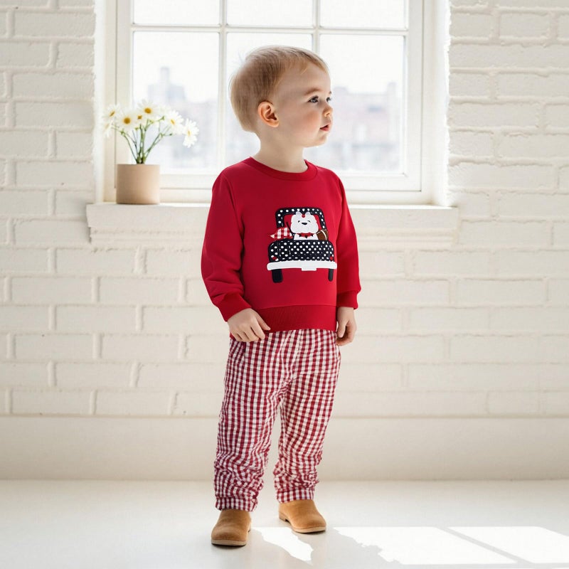JLKGICF Toddler Baby Boy Clothes Set Car Embroidery Sweatshirt Tops Plaid Pants 6 12 18 24 Months 2T 3T4T Football Outfit (Red Car Football, 3-4T) - Image 3