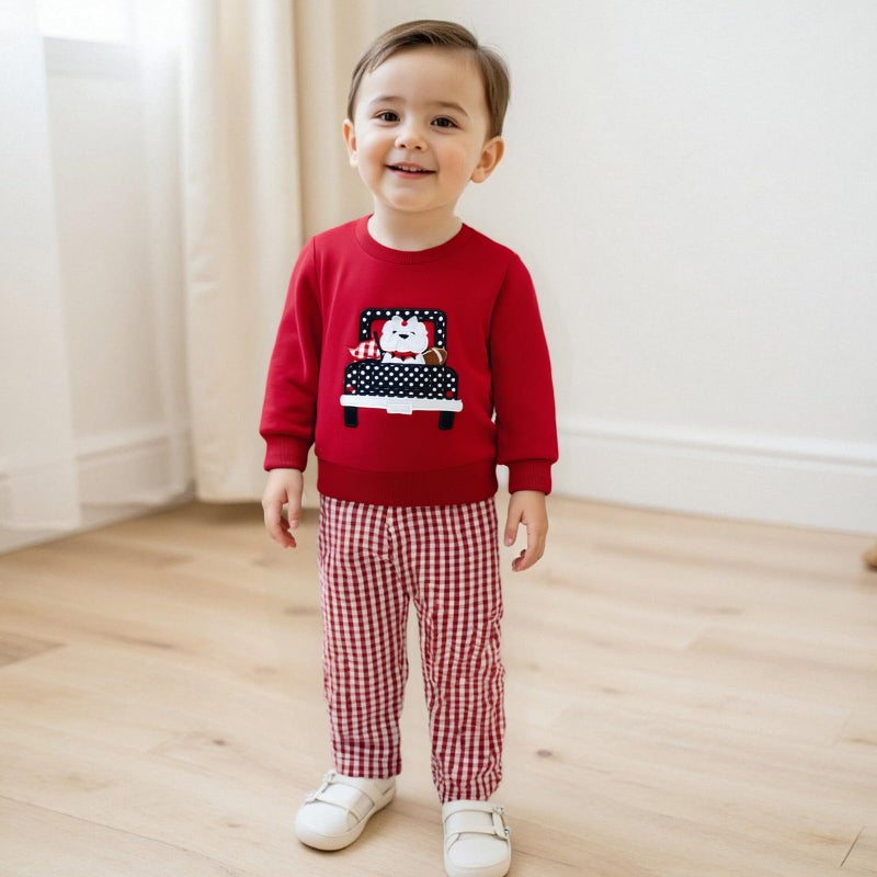 JLKGICF Toddler Baby Boy Clothes Set Car Embroidery Sweatshirt Tops Plaid Pants 6 12 18 24 Months 2T 3T4T Football Outfit (Red Car Football, 3-4T) - Image 4