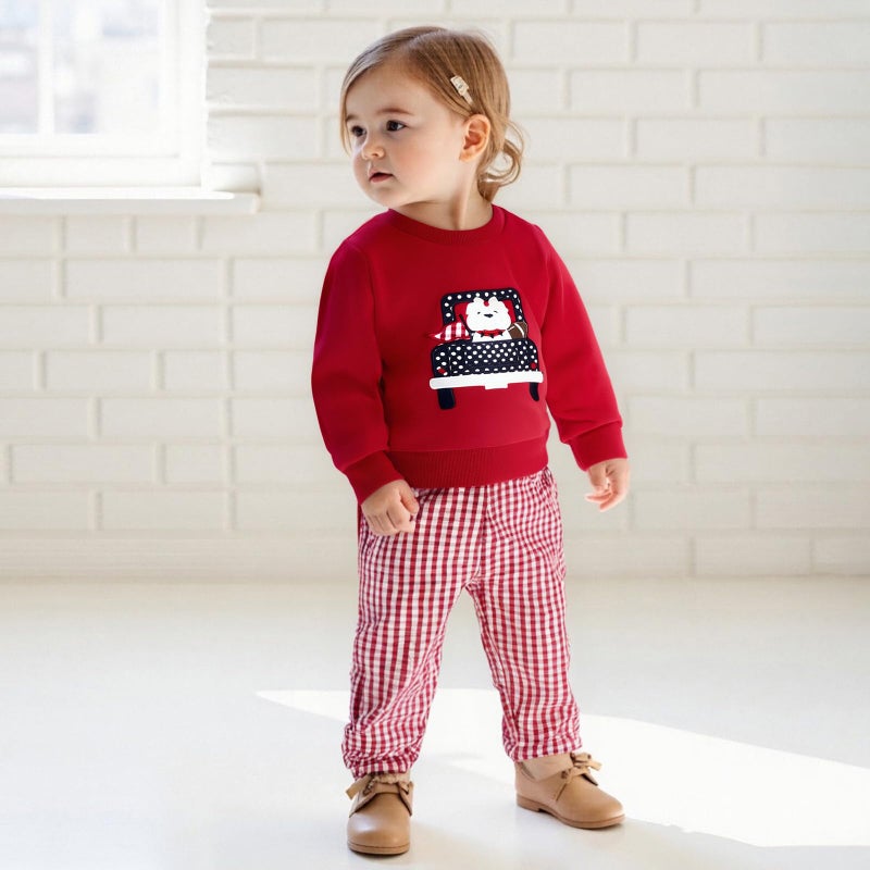 JLKGICF Toddler Baby Boy Clothes Set Car Embroidery Sweatshirt Tops Plaid Pants 6 12 18 24 Months 2T 3T4T Football Outfit (Red Car Football, 3-4T) - Image 2