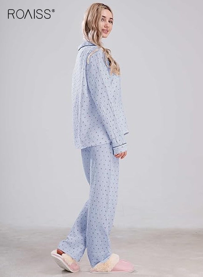 رويس طقم بيجامة نسائي من القطن الشاش بأكمام طويلة وأزرار وقميص وبنطلون مكون من قطعتين بيجاما مطبوعة لطيفة للربيع والصيف وياقة طية صدر السترة ملابس منزلية فضفاضة للنساء - Image 5