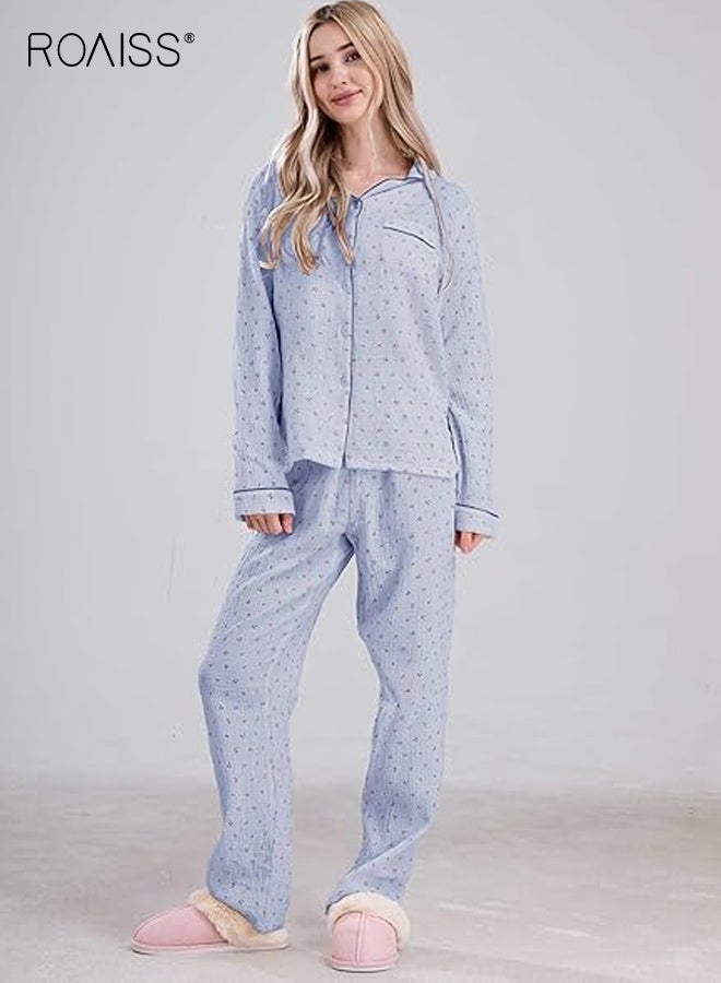 رويس طقم بيجامة نسائي من القطن الشاش بأكمام طويلة وأزرار وقميص وبنطلون مكون من قطعتين بيجاما مطبوعة لطيفة للربيع والصيف وياقة طية صدر السترة ملابس منزلية فضفاضة للنساء - Image 2