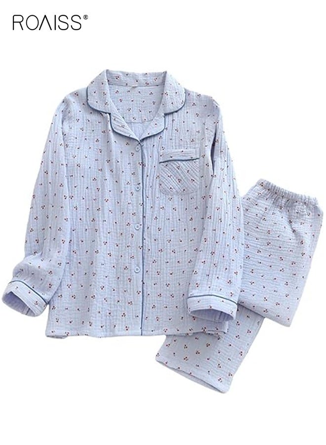 رويس طقم بيجامة نسائي من القطن الشاش بأكمام طويلة وأزرار وقميص وبنطلون مكون من قطعتين بيجاما مطبوعة لطيفة للربيع والصيف وياقة طية صدر السترة ملابس منزلية فضفاضة للنساء - Image 1