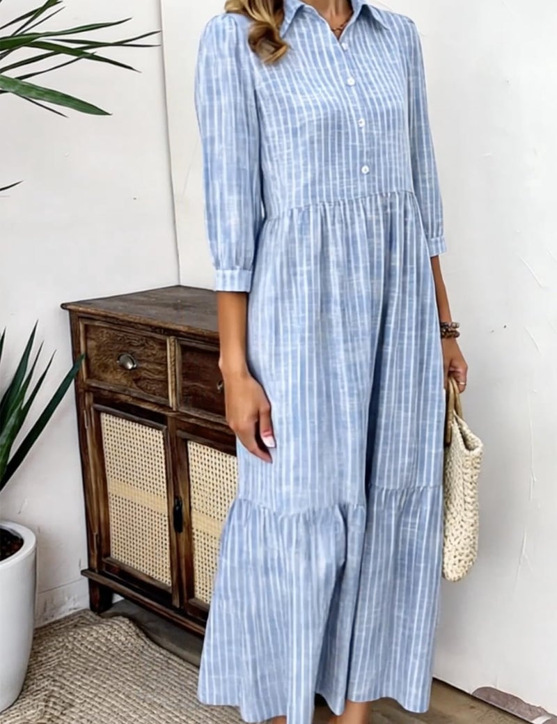 XNC Women's Blue and White Striped Shirt Maxi Dress 2026 Spring Fashion Collared Boho Breezy Print 3/4 Sleeve Long Dresses - Image 2