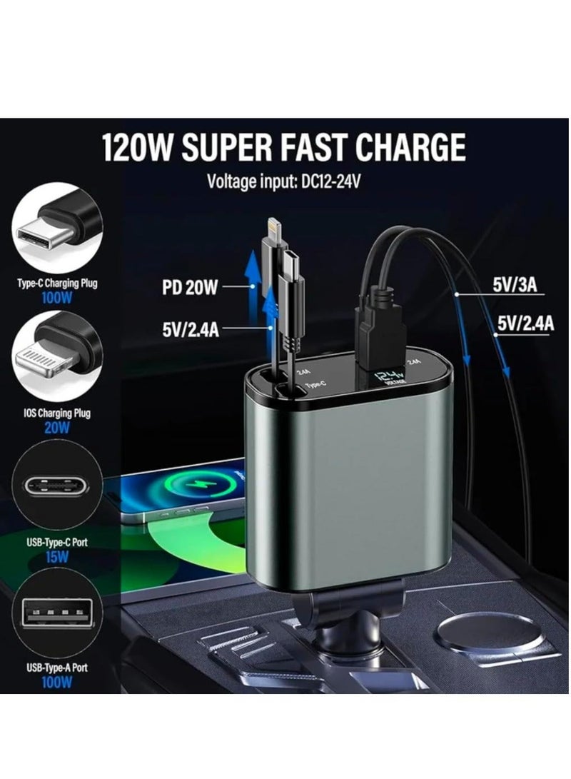 Genaric Multi-Port Car Charger with LED Display, 120W, USB-C and USB-A Port, PD3.0/QC3.0 Fast Charging, 4 Sync Ports - Image 3
