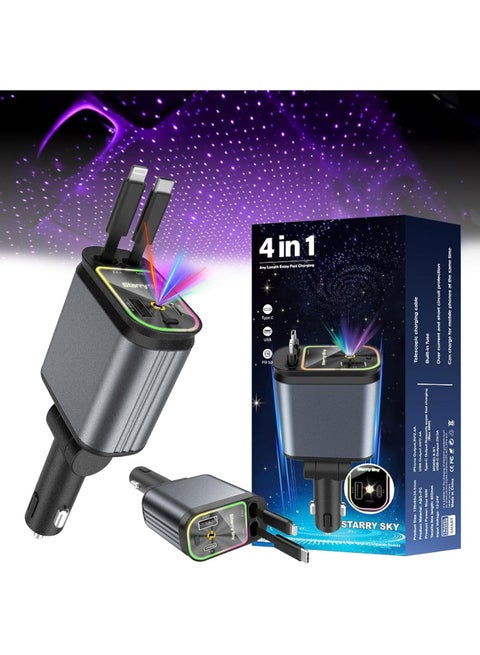 Retractable Type C +iOS Car Mobile Charger with Roof Starry Projection | Car Accessories | 4 in 1 | Fast Charging & Ambient LED Light – Universal for All Phones | Starry Sky Light