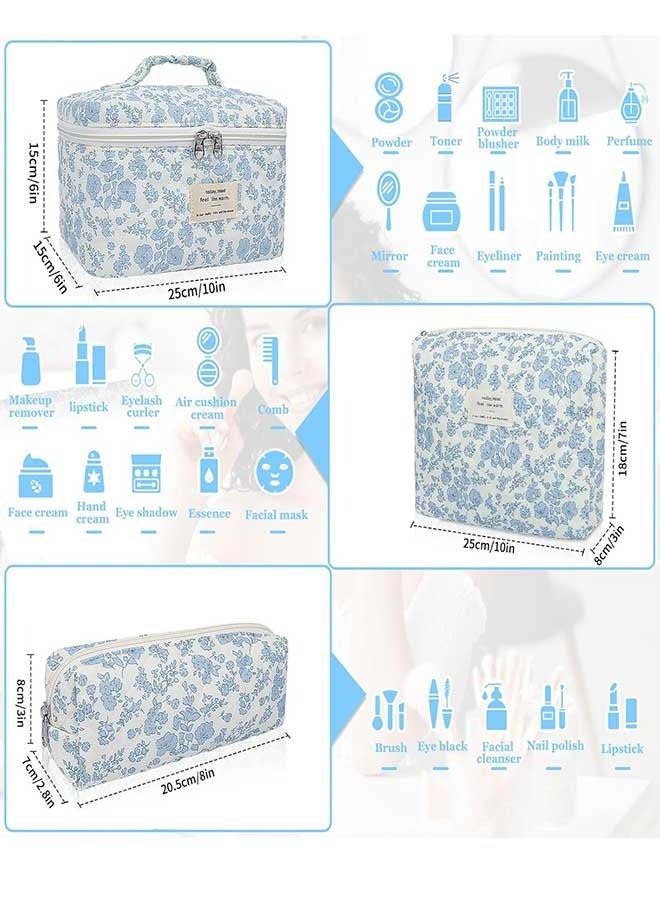 RAWAID Makeup Bag Large Quilted Cosmetic Bag Big Floral Make Up Bag for Women Girls Cute Cotton Makeup Bag Set Flower Travel Toiletry Organizer Bag - Image 2