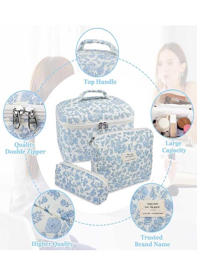 RAWAID Makeup Bag Large Quilted Cosmetic Bag Big Floral Make Up Bag for Women Girls Cute Cotton Makeup Bag Set Flower Travel Toiletry Organizer Bag - Image 3