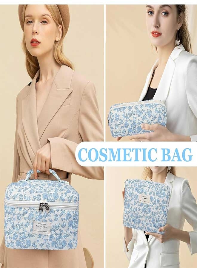 RAWAID Makeup Bag Large Quilted Cosmetic Bag Big Floral Make Up Bag for Women Girls Cute Cotton Makeup Bag Set Flower Travel Toiletry Organizer Bag - Image 4