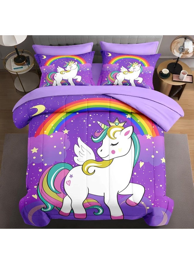 WeCozy 7 Pcs Queen Size Comforter Set with 2 Pillowcases & 2 Shams, Cute Unicorn Purple Space Bedding Set for Kids and Adults, Animal Rainbow Horse Bed in a Bag with Flat Sheet and Fitted Sheet  - Image 1