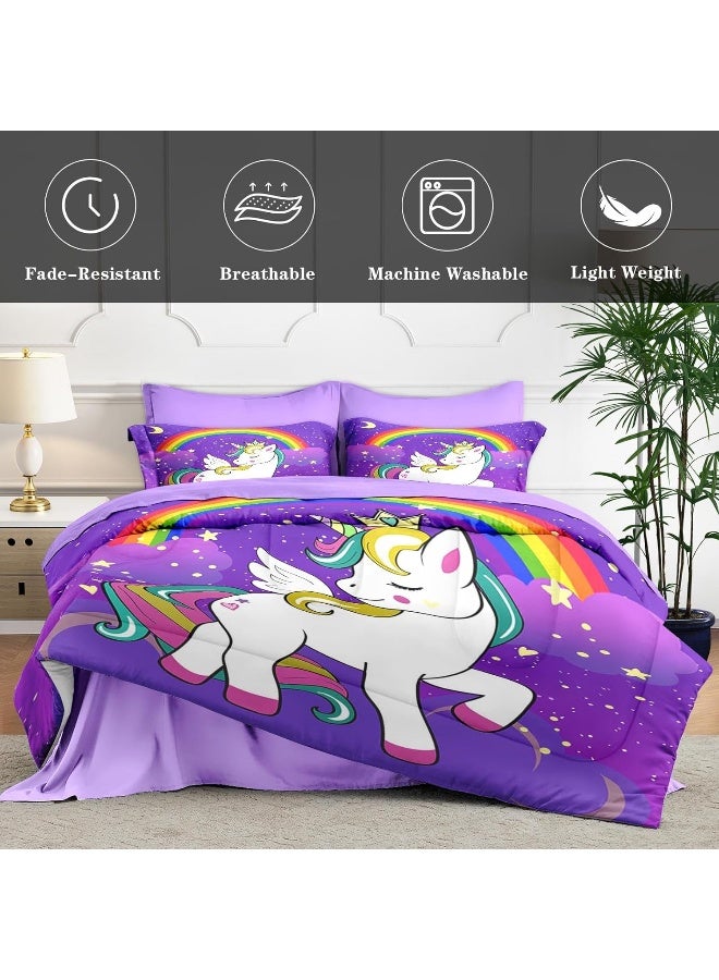 WeCozy 7 Pcs Queen Size Comforter Set with 2 Pillowcases & 2 Shams, Cute Unicorn Purple Space Bedding Set for Kids and Adults, Animal Rainbow Horse Bed in a Bag with Flat Sheet and Fitted Sheet  - Image 4