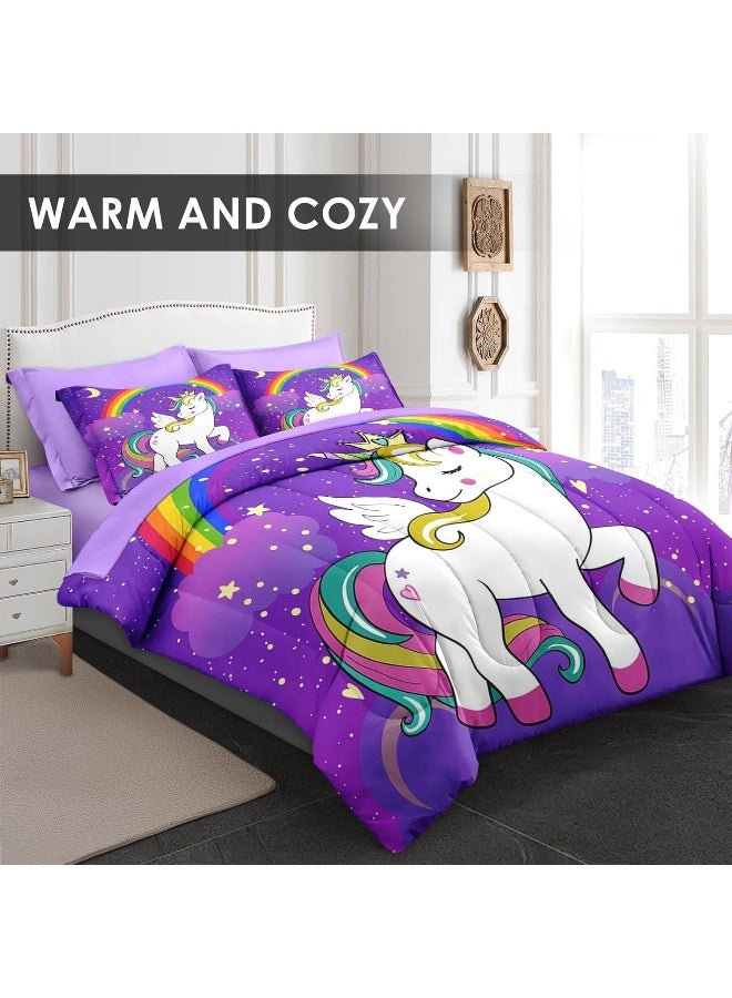 WeCozy 7 Pcs Queen Size Comforter Set with 2 Pillowcases & 2 Shams, Cute Unicorn Purple Space Bedding Set for Kids and Adults, Animal Rainbow Horse Bed in a Bag with Flat Sheet and Fitted Sheet  - Image 3