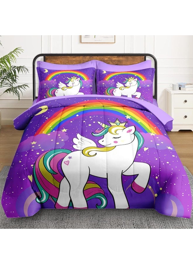 WeCozy 7 Pcs Queen Size Comforter Set with 2 Pillowcases & 2 Shams, Cute Unicorn Purple Space Bedding Set for Kids and Adults, Animal Rainbow Horse Bed in a Bag with Flat Sheet and Fitted Sheet  - Image 2