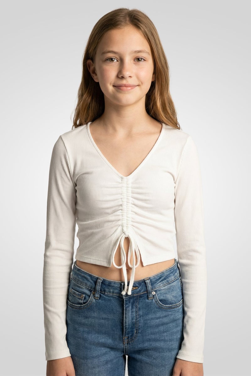 POOF Kids Girl Textured Long Sleeves Top, White - Image 1