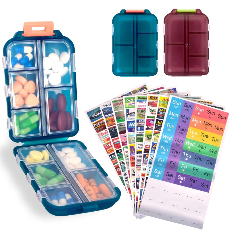 2 Pcs Travel Pill Organizer with Labels Portable Travel Medicine Daily Pill Container Organizer 7 Day Pill Case Storage Vitamin Fish Oil Blue Red 320 Medicine Lables