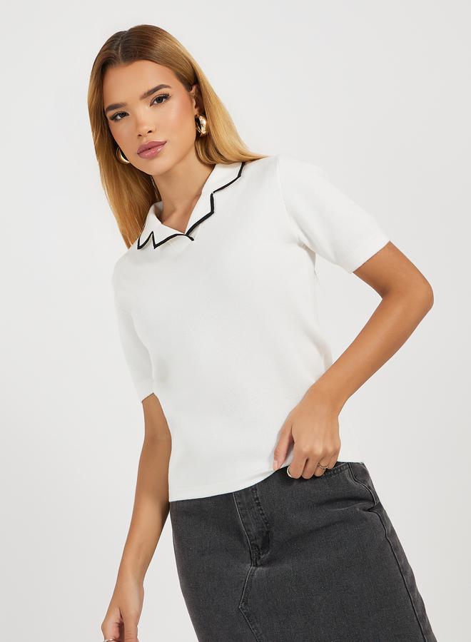 Styli Contrast Collar Accent Regular Fit Knit Top  - Image 1