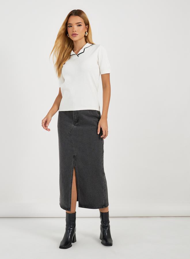 Styli Contrast Collar Accent Regular Fit Knit Top  - Image 2