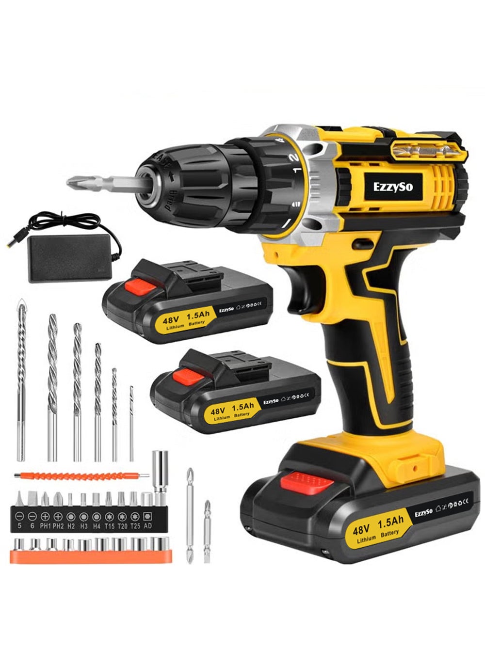 48V Cordless Drill, Two Li-Ion Batteries and Fast Charger, 3/8" Drill Kit, 25+3 Position Clutch, LED Work Light, Variable Speed ​​Drill, 186 lbs of Torque, 24 Accessories + 32-Piece Drill Bit Box 