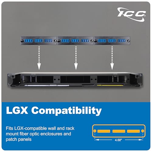 ICC LC-LC Fiber Optic Adapter Panel, LGX Compatible, 12 Fibers, Singlemode, Blue 94V-0 Adapters, Push Fasteners, Black Steel - Image 2