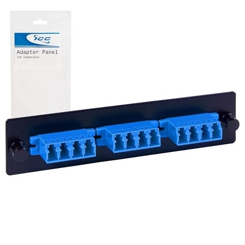 ICC LC-LC Fiber Optic Adapter Panel, LGX Compatible, 12 Fibers, Singlemode, Blue 94V-0 Adapters, Push Fasteners, Black Steel - Image 1