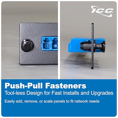 ICC LC-LC Fiber Optic Adapter Panel, LGX Compatible, 12 Fibers, Singlemode, Blue 94V-0 Adapters, Push Fasteners, Black Steel - Image 3