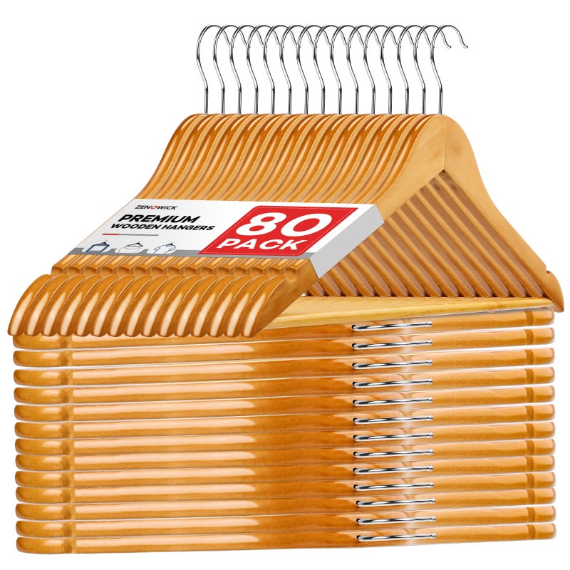 ZENOWICK Wooden Hangers 80 Pack,Wood Hangers for Coats, Suits, Jackets, Closet & Pants Durable Premium Wood Hangers with 360-Degree Rotatable Hook and Notches, Natural - Image 1