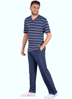 Jet Men Summer Pajama Set Striped Top-V. Neck-Plain Bottom-Navy Blue