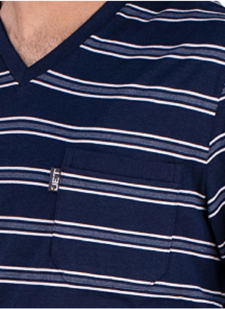 Jet - Jet Men Summer Pajama Set Striped Top-V. Neck-Plain Bottom-Navy Blue - Image 1