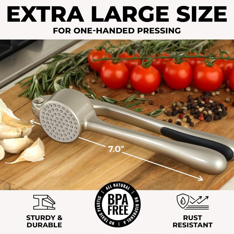 Zulay Kitchen Large Premium Garlic Press Set - Bigger Bowl for Bigger Garlic - Rust Proof Garlic Mincer Tool - Easy-Squeeze, Easy-Clean Silicone Garlic Peeler & Brush (Silver) - Image 2