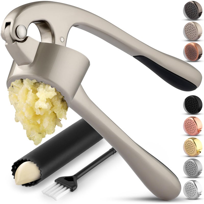 Zulay Kitchen Large Premium Garlic Press Set - Bigger Bowl for Bigger Garlic - Rust Proof Garlic Mincer Tool - Easy-Squeeze, Easy-Clean Silicone Garlic Peeler & Brush (Silver) - Image 1