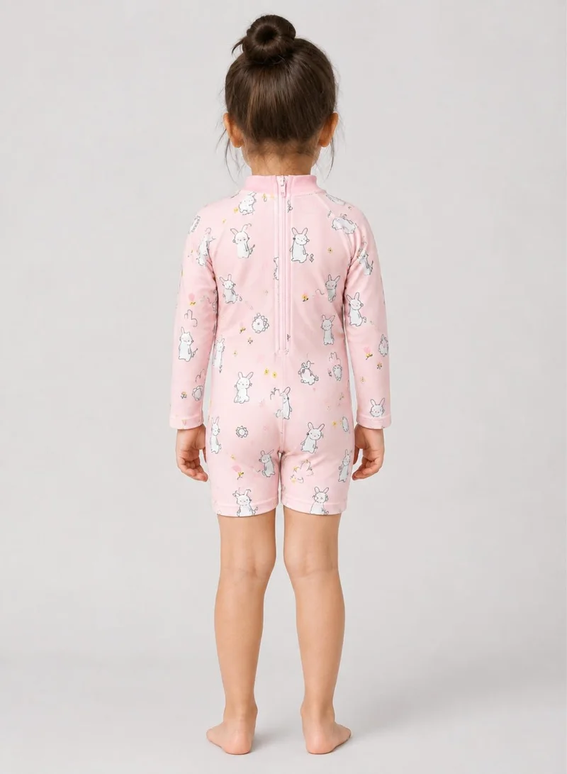 Babyqlo Girls Pink Bunny Print Long Sleeve Swimsuit