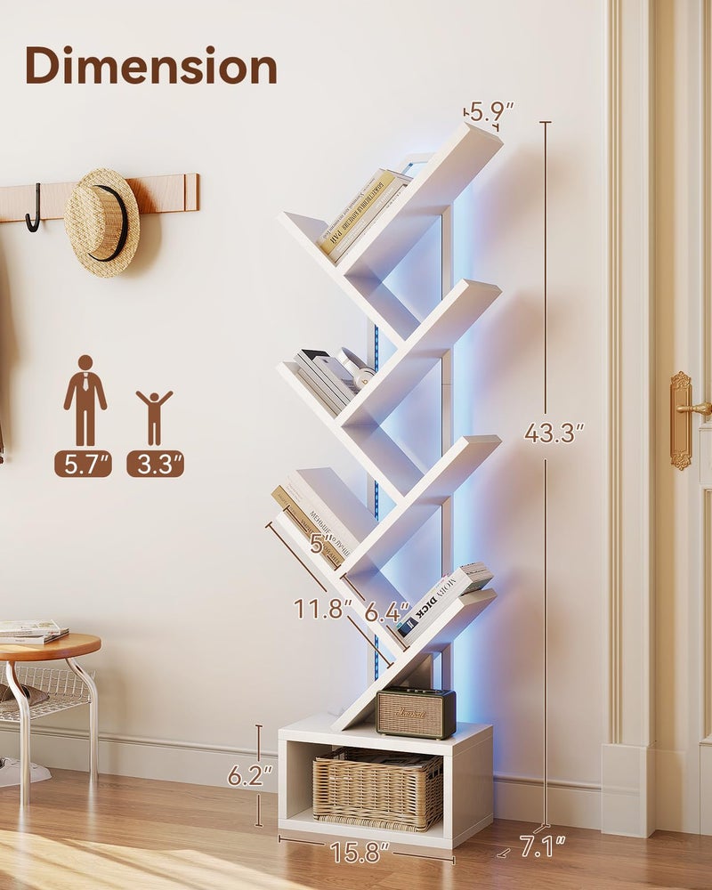 Casaottima Tree Bookshelf with LED Lights, 6-Tier Narrow Bookcase for Small Spaces, Tall Steel & Wood Storage Shelf with Cabinet, Home Decor & Organizer for Living Room/Bedroom/Home Office, White - Image 3