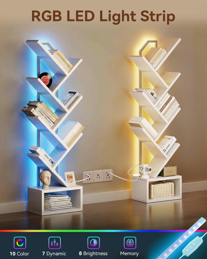 Casaottima Tree Bookshelf with LED Lights, 6-Tier Narrow Bookcase for Small Spaces, Tall Steel & Wood Storage Shelf with Cabinet, Home Decor & Organizer for Living Room/Bedroom/Home Office, White - Image 5