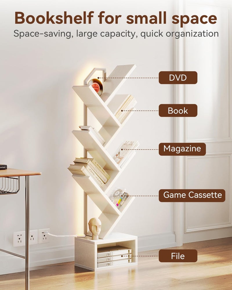 Casaottima Tree Bookshelf with LED Lights, 6-Tier Narrow Bookcase for Small Spaces, Tall Steel & Wood Storage Shelf with Cabinet, Home Decor & Organizer for Living Room/Bedroom/Home Office, White - Image 4
