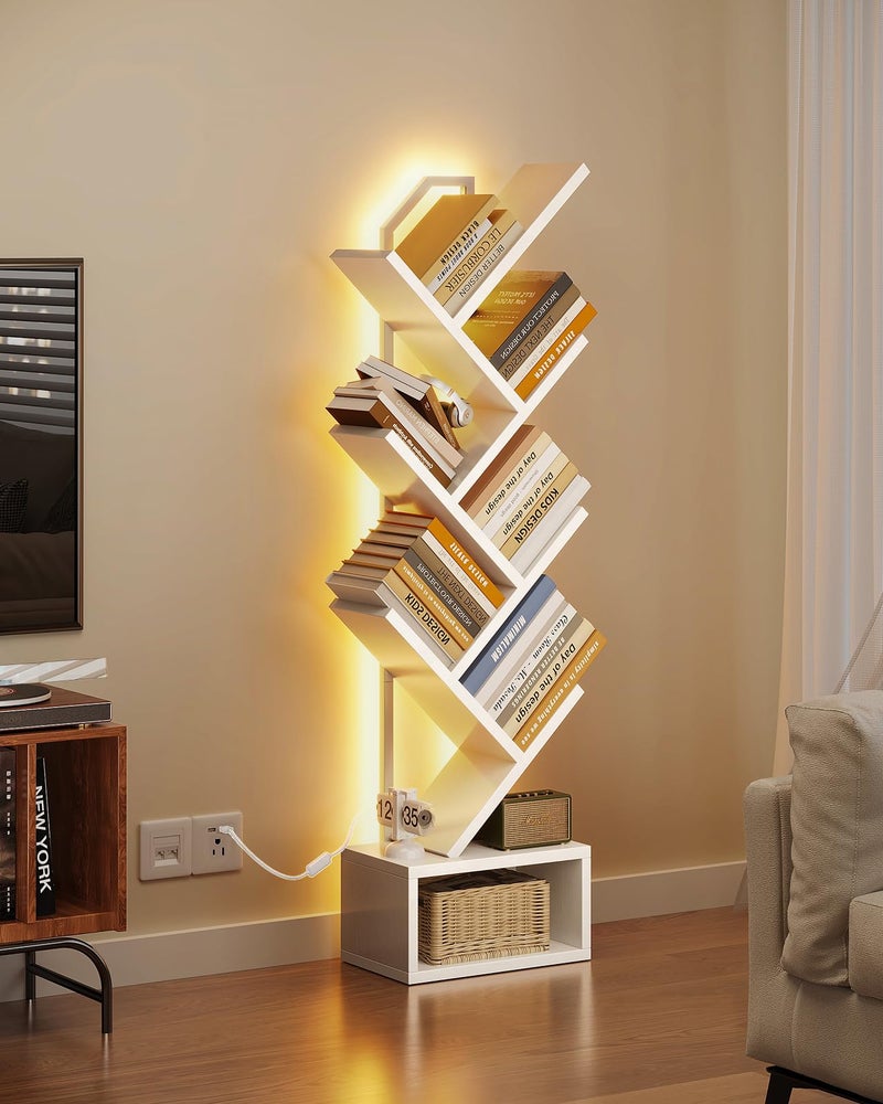 Casaottima Tree Bookshelf with LED Lights, 6-Tier Narrow Bookcase for Small Spaces, Tall Steel & Wood Storage Shelf with Cabinet, Home Decor & Organizer for Living Room/Bedroom/Home Office, White - Image 2