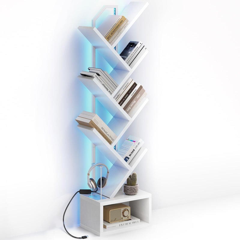 Casaottima Tree Bookshelf with LED Lights, 6-Tier Narrow Bookcase for Small Spaces, Tall Steel & Wood Storage Shelf with Cabinet, Home Decor & Organizer for Living Room/Bedroom/Home Office, White - Image 1