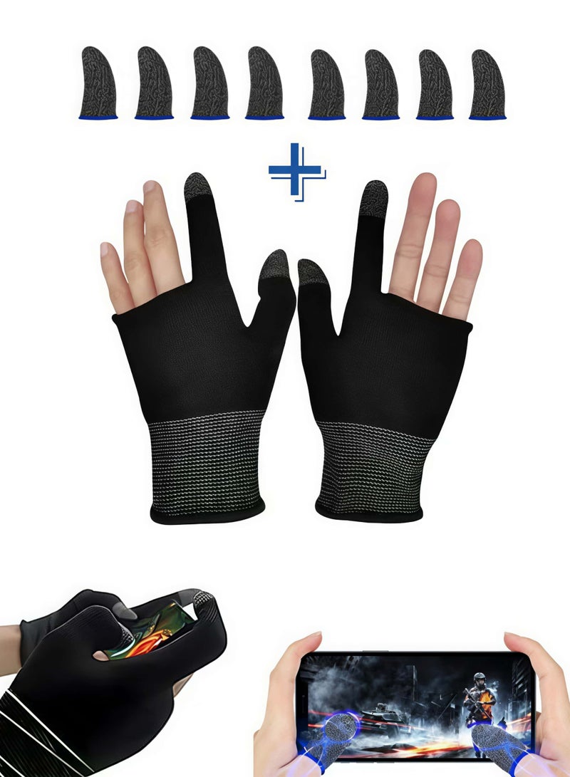 1 Pairs E-Sports Gaming Gloves＋8 Pcs Mobile Esports Gaming Finger Sleeve，Anti-Sweat Breathable Thumb for Highly Sensitive Nano-Silver Fiber Material and Nylon PUBG Mobile Phone Games Accessories - Image 1