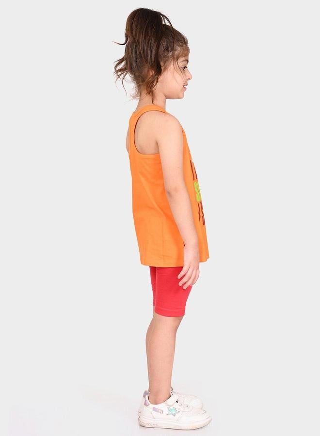 Bonkids Regular Fit Printed Orange And Pink Cotton Sets For Girls Round Neck Flat Collar Pull On 100 % Cotton - Image 3
